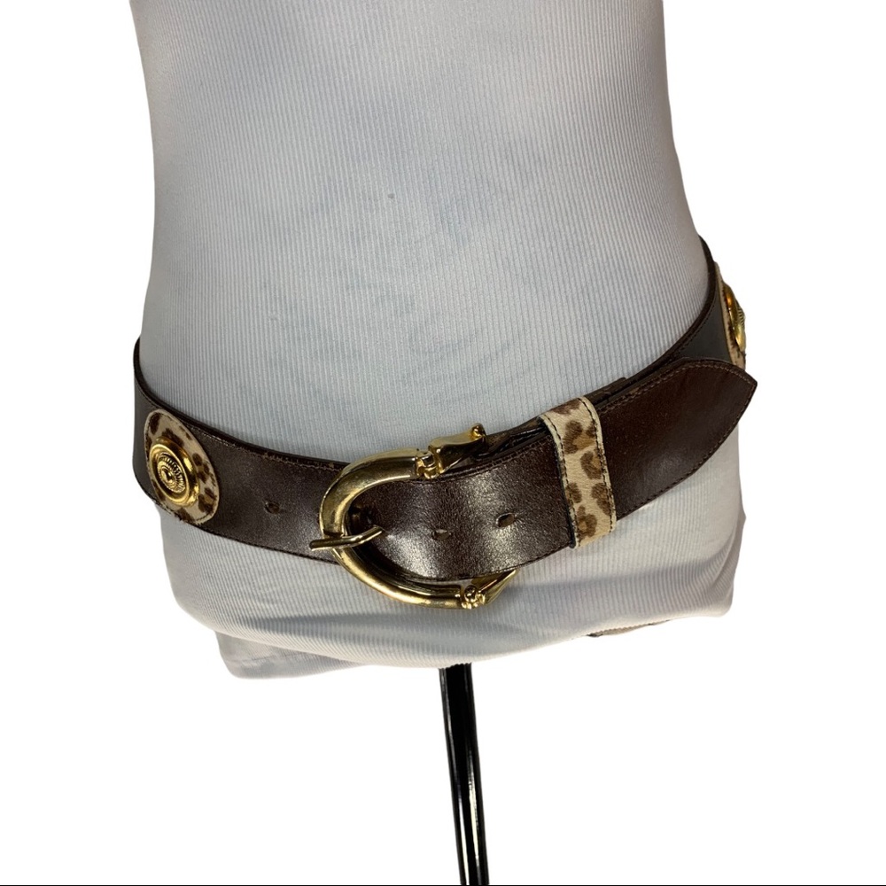 Brown Leather Belt with Gold Buckle and Leopard Accent